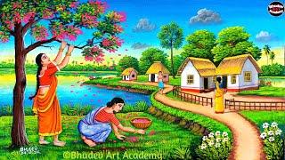 Beautiful Village Landscape Scenery Painting| Indian Village Scenery Painting With EarthWatercolor