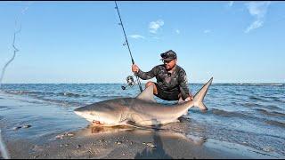 Fisherman Lands Big Bull Shark in Shallow Galveston Beach