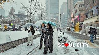 [Full Version] Snowy Scenic Walk in Seoul, Hongdae Street and Yeonnam-dong, South Korea, Travel, 4K