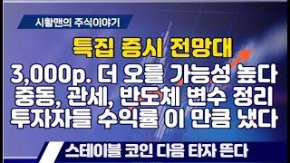증시 전망대. 3,000p 돌파한 증시. 더 오를 가능성. 고비가 될 중동, 관세, 반도체 변수 점검. 조,방,원, 스테이블 코인. 그 다음 등판 예상. 투자자들 수익 비교해 보니