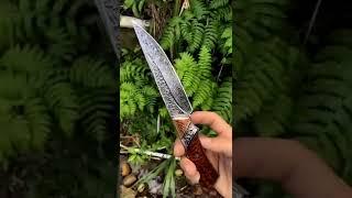 Damascus Steel Hunting Knife With Serpentine Wood Hilt #shorts