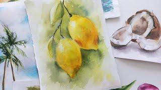 Рисуем лимоны акварелью. Рисуем акварелью. Бесплатные уроки рисования. Watercolor painting tutorial