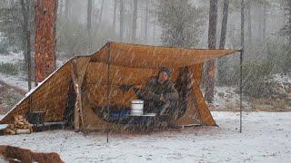 Solo Hot Tent Winter Camping in Snow Storm, Wood Stove | ASMR