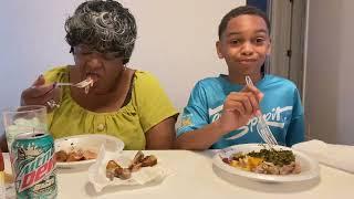 We’re eating yams, fresh greens, barbecue chicken, and mac & cheese