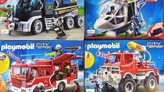 Let's assemble and play a playmobil fire engine, rescue person, police vehicle, helicopter 