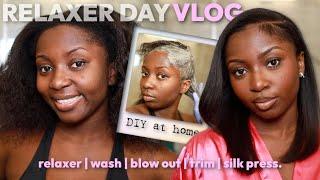 Relaxer Day AT HOME Vlog | 5 Months Post Relaxer Touch Up + Wash Day Routine + Trim + Silk Press