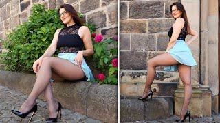 Summer Fashion: Styling a Chic Ensemble - Lace Bodysuit, Satin Mini Skirt, Tights & High Heels!