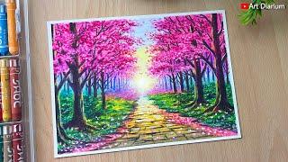 Pink Forest Nature Scenery with Oil Pastel | for Beginners step by step