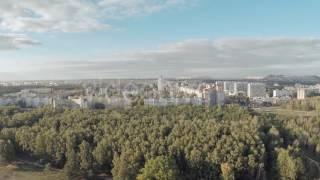 Aerial shot of the city from afar. Salt Mountain. Soligorsk. Belarus