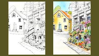 [Pen + Watercolor] Flower Street - Urban Sketch(pen drawing & color mixing) by YU