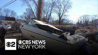 Boats lefts with trash in streets of Paterson, New Jersey