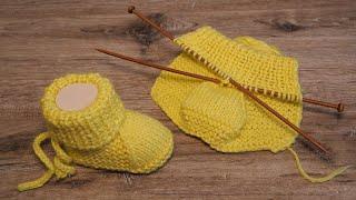 Легкие пинетки на двух спицах  Baby booties knitting pattern