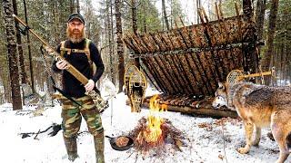 3-Days Bushcraft WINTER CAMPING in FREEZING RAIN - Hunting BEAVER, & Building Survival Shelter