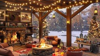 Winter Cozy Ambience on Terrace with Crackling fireplace, Snow Falling & Glowing Pine Christmas