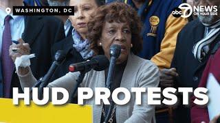 Federal workers, protestors gather in front of HUD HQ to urge end of federal job cuts