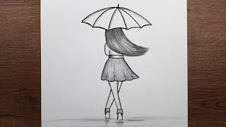 Drawing of girl holding umbrella - How to draw easy girl picture - step by step tutorial