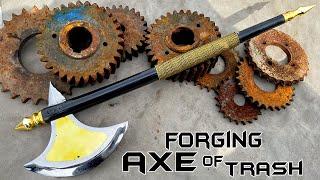 Hand FORGING a War AXE Out of Rusted IRON GEAR - Razor Sharp