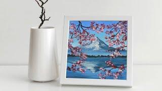 Blooming sakura on the background of the mountain. Drawing for sketching small light