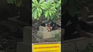 Seorang pemuda terekam sedang bersantai tiduran di atas makam sambil main hape