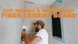 5 Easy Steps to Cut, Install, and Waterproof Fiber Cement Board Shower Walls!! Shower Build A to Z