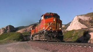 Hard-working diesel locomotives at Cajon Pass, California, USA