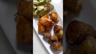 A simple, quick, and delicious dinner idea! Salmon bites with shaved brussel sprout salad & potatoes