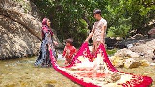 Washing Blankets in a Mountain Spring | Peaceful Life of a Nomadic Family