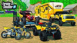 BUILDING "ALL YELLOW" CAMPING SETUP! (LIFTED TRUCKS + RZR) | FS22
