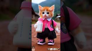 Beautiful Cute girl Cat Going to school Pink Dress with a Drinking milk 346 #dudidudidam #shorts