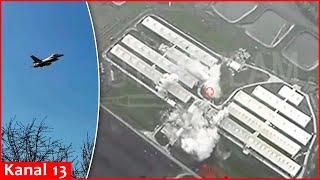 F-16 fighter jet hit with US aerial bombs hangars where invaders gathered in Russian territory