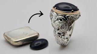 making unique design silver ring - handmade silver carving jewelry