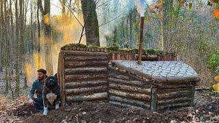 Building a BUSHCRAFT LOG CABIN for 3 Days SURVIVAL in the WILD. Wood Shelter CAMPING. Cooking