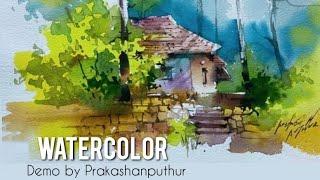 Water color painting by Prakashan Puthur | Village house landscape