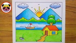 Scenery Drawing / How to Draw Beautiful Landscape Scenery Drawing / Village Scenery Drawing /Chitra