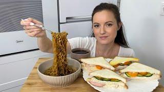 МУКБАНГ ЛАПША ЧАЧЖАН МЕН Тосты с сыром карбонад овощами MUKBANG