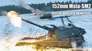 Russian Msta- 2S19M2 self-propelled artillery firing in Ukraine