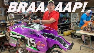 HUGE gas powered RC cars racing on the dirt oval at Dellville Speedway