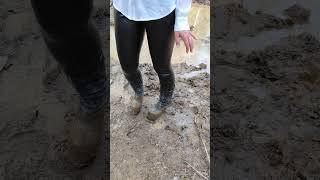 High heels leather boots and leather leggins mud.  #boots #mud #wet