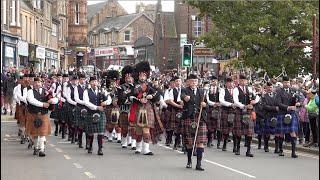 Chieftain leads the massed Pipes and Drums parade to 2024 Crieff Highland Gathering in Scotland