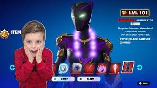 LEVEL 100 Giving My 10 Year Old Kid NEW Fortnite Tier 100 Battle Pass Skin Unlocking Marvel SHURI