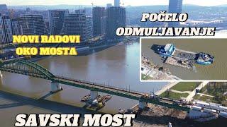 Beograd SAVSKI MOST radovi na pripremnom placu kod mosta,skidanje šina,krenulo odmuljavanje sa broda