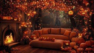  Autumn Jazz Vibes | Cozy Halloween Ambience with Pumpkins & Warm Fireplace 