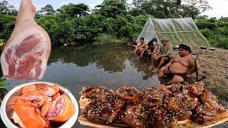 Pork Leg Cooking in Jungle We Build Survival Bushcraft Near River in Heavy Rain