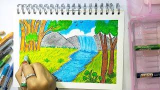 Waterfall Drawing With Oil Pastel Color || Landscape Painting || Oil Pastel Color || Eshas Arts