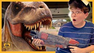 Jurassic Park T-Rex Dinosaur Awakens When FunQuester LB Makes a Blaster for Aaron!