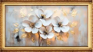 Blooming Elegance - White and Gold Floral Art with Subtle Animation | 4K Screensaver  