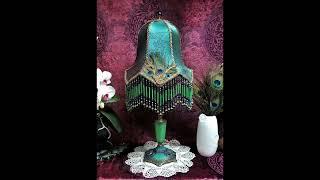 Jadeite Peacock - Victorian Lampshade & Antique Lamp by Crystal Hayes at Elegance Lamps