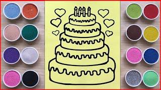 Sand painting 5 Tiers Birthday Cake, how to draw and paint with color sand (Chim xinh channel)