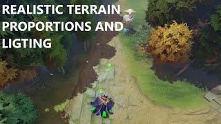 DOTA: A true Bird's Eye View - Realistic terrain proportions, lighting, and a sky.