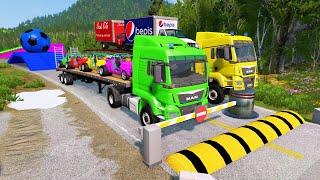 Double Flatbed Trailer Truck vs Speedbumps Train vs Cars Beamng.Drive